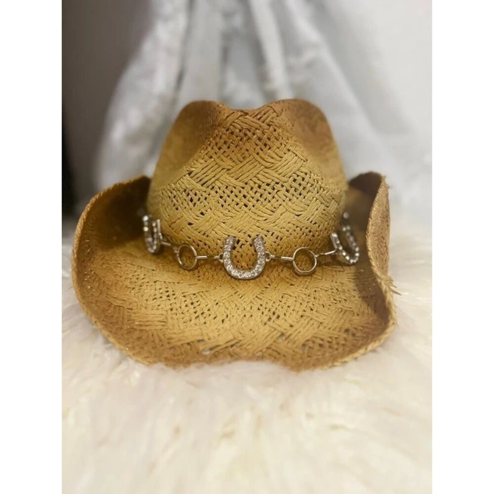 Peter Grimm Straw Cowboy Hat Rhinestone Horseshoe Band Western Straw Hat #005
